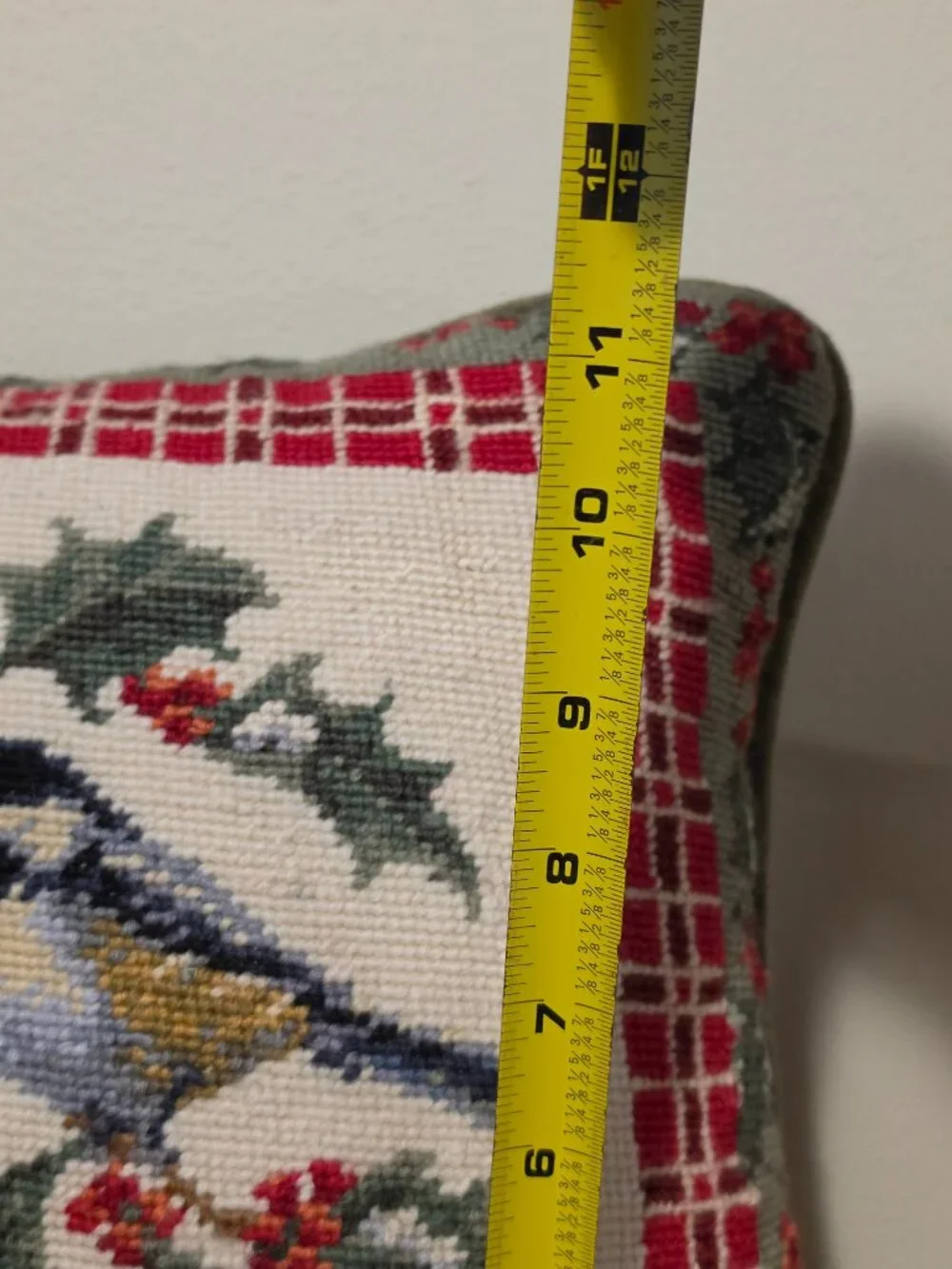 Chickadee Bird Needlepoint Throw Pillow Holly Berries Red Plaid Velvet Zipper